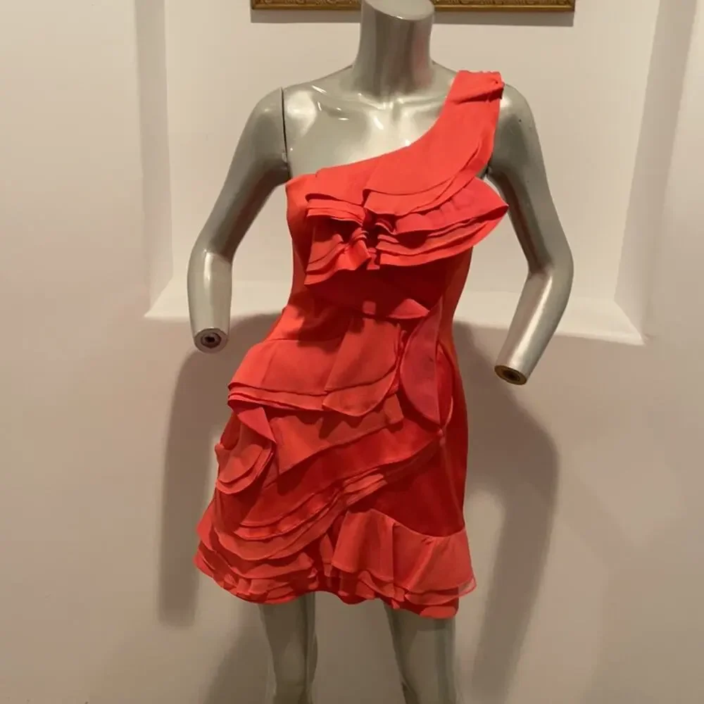 Bcbgmaxazria “ Jonesy” Coral One Shoulder Mini Ruffled Dress Size 4 BNWOT